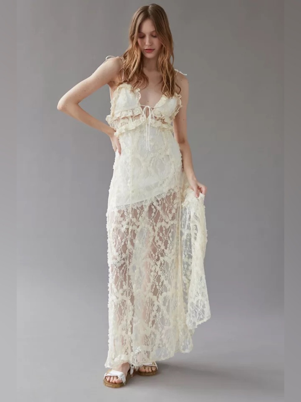 For Love & Lemons Ysabelle Lace Slit Maxi Dress